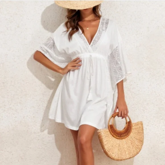 White Lace Coverup Womens Kimono Cottagecore Beach Dress Minimalist‎ Boho Sheer - Picture 6 of 6